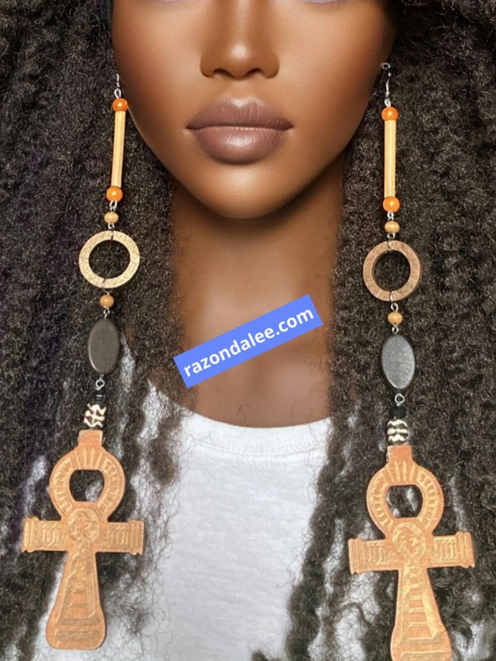Elongated Dangle Earrings Wooden Ankhs Brown Multi by Razonda Lee